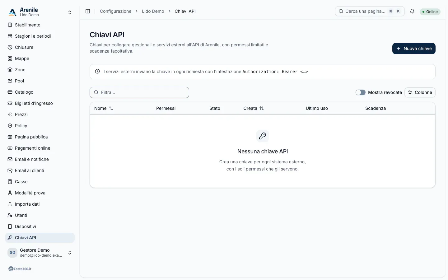 Pagina Chiavi API con l'elenco delle chiavi, permessi, ultimo uso e scadenza