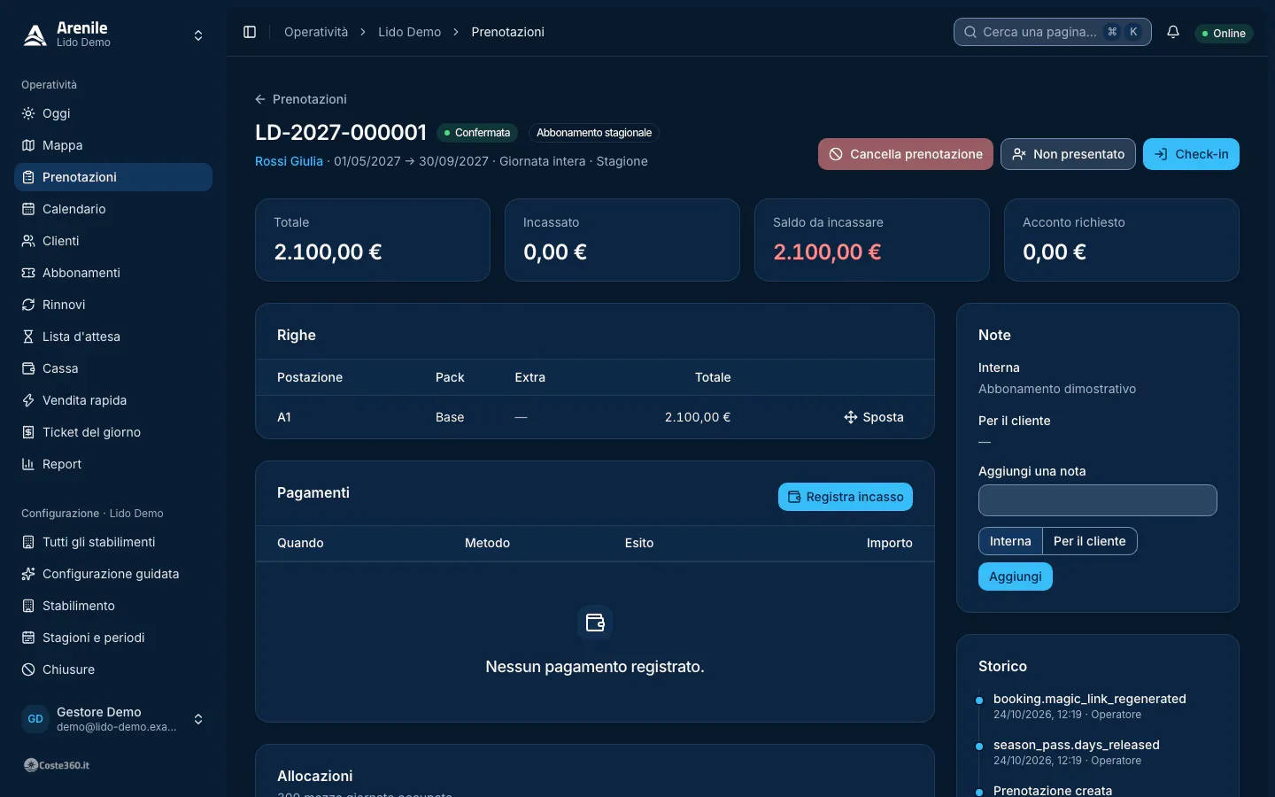 Dettaglio di una prenotazione con righe, allocazioni, pagamenti, note e storico