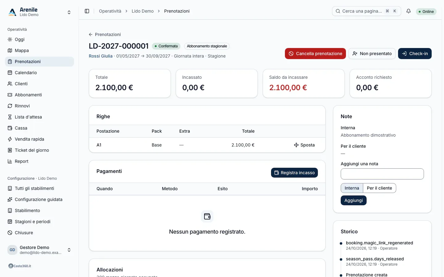 Dettaglio di una prenotazione con righe, allocazioni, pagamenti, note e storico