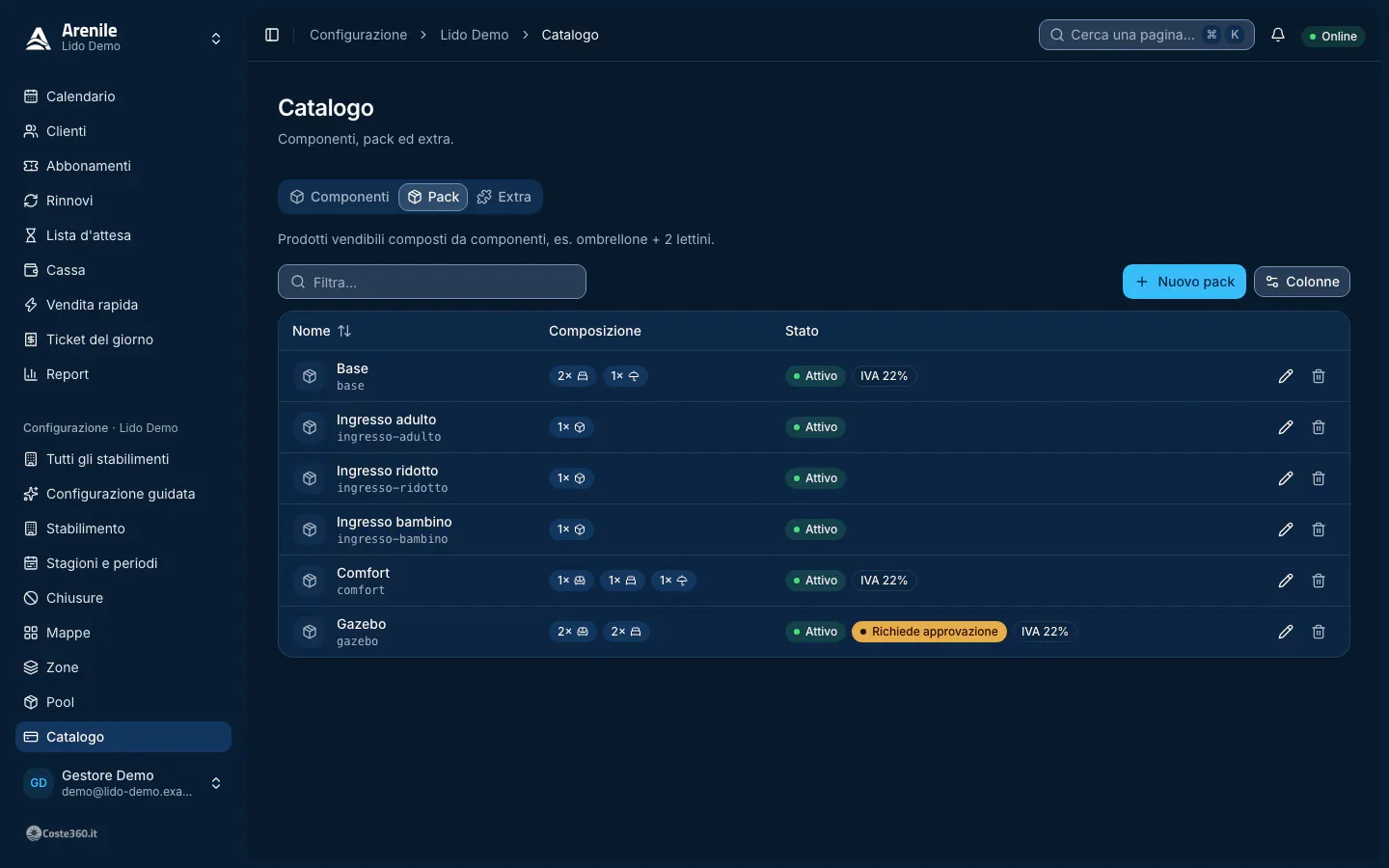 Catalogo con le schede Componenti, Pack ed Extra