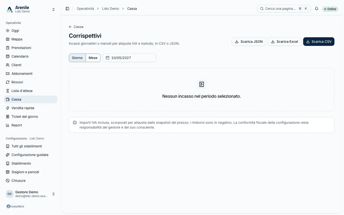 Corrispettivi del giorno per aliquota IVA e per metodo di pagamento
