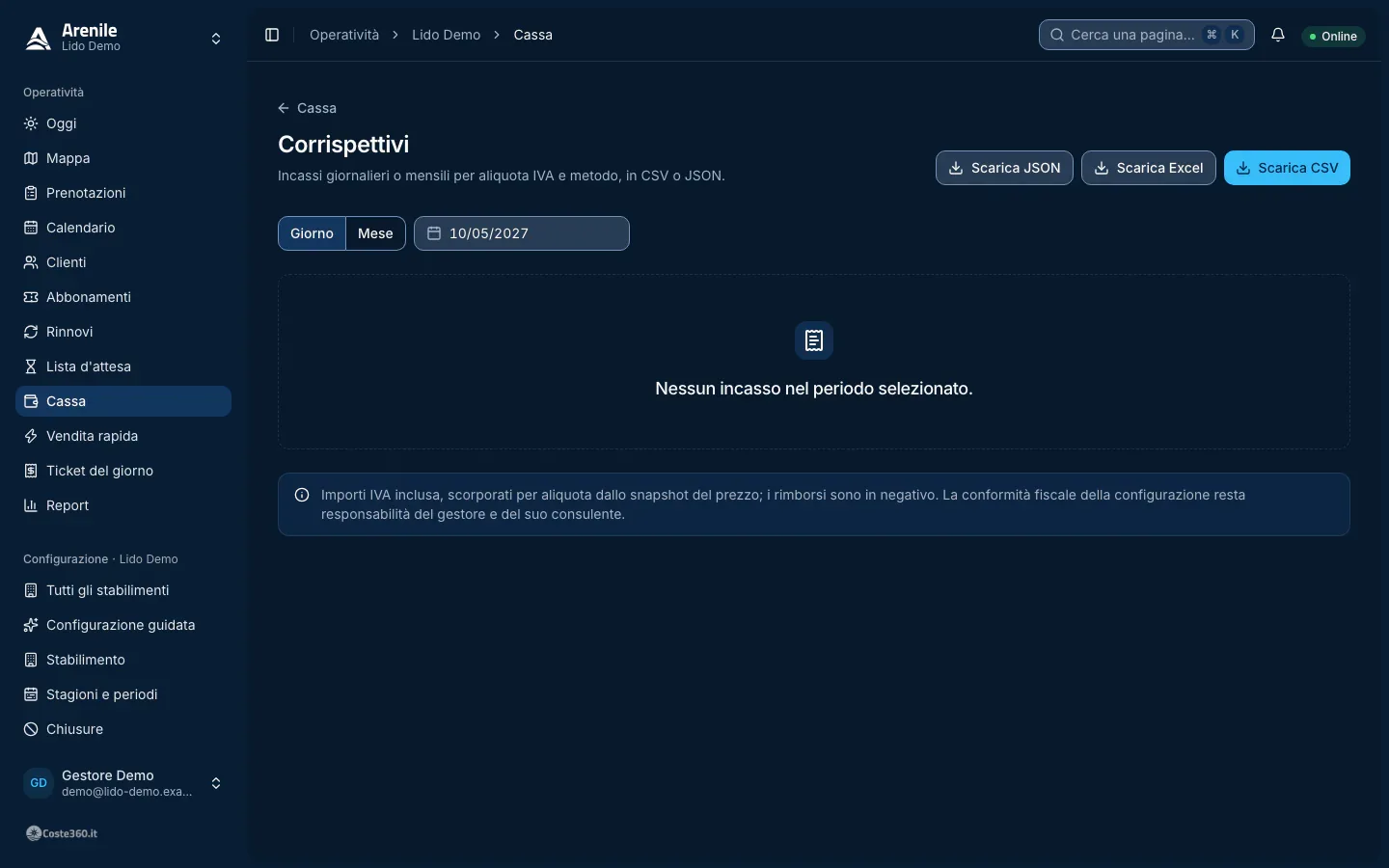 Corrispettivi del giorno per aliquota IVA e per metodo di pagamento