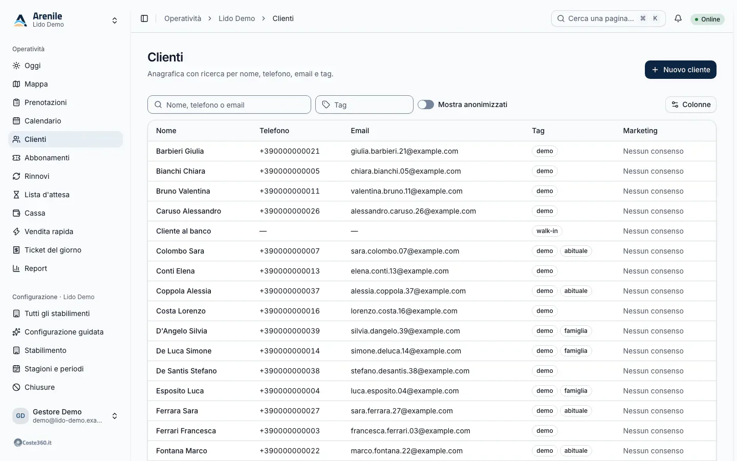 Elenco clienti con ricerca per nome, telefono, email e tag