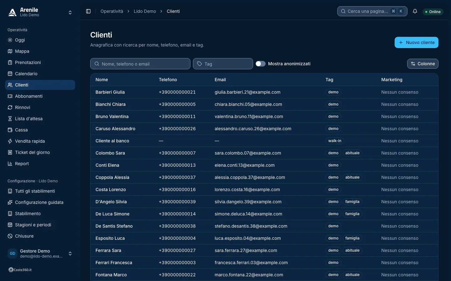 Elenco clienti con ricerca per nome, telefono, email e tag