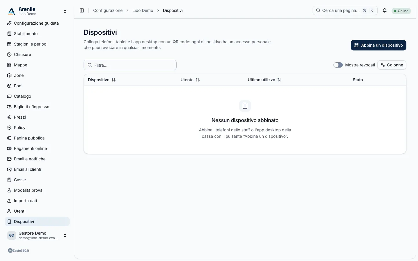 Pagina Dispositivi con l'elenco dei dispositivi abbinati, l'utente, l'ultimo utilizzo e lo stato