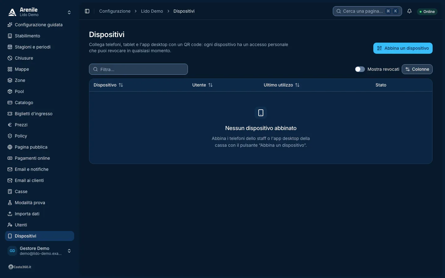 Pagina Dispositivi con l'elenco dei dispositivi abbinati, l'utente, l'ultimo utilizzo e lo stato