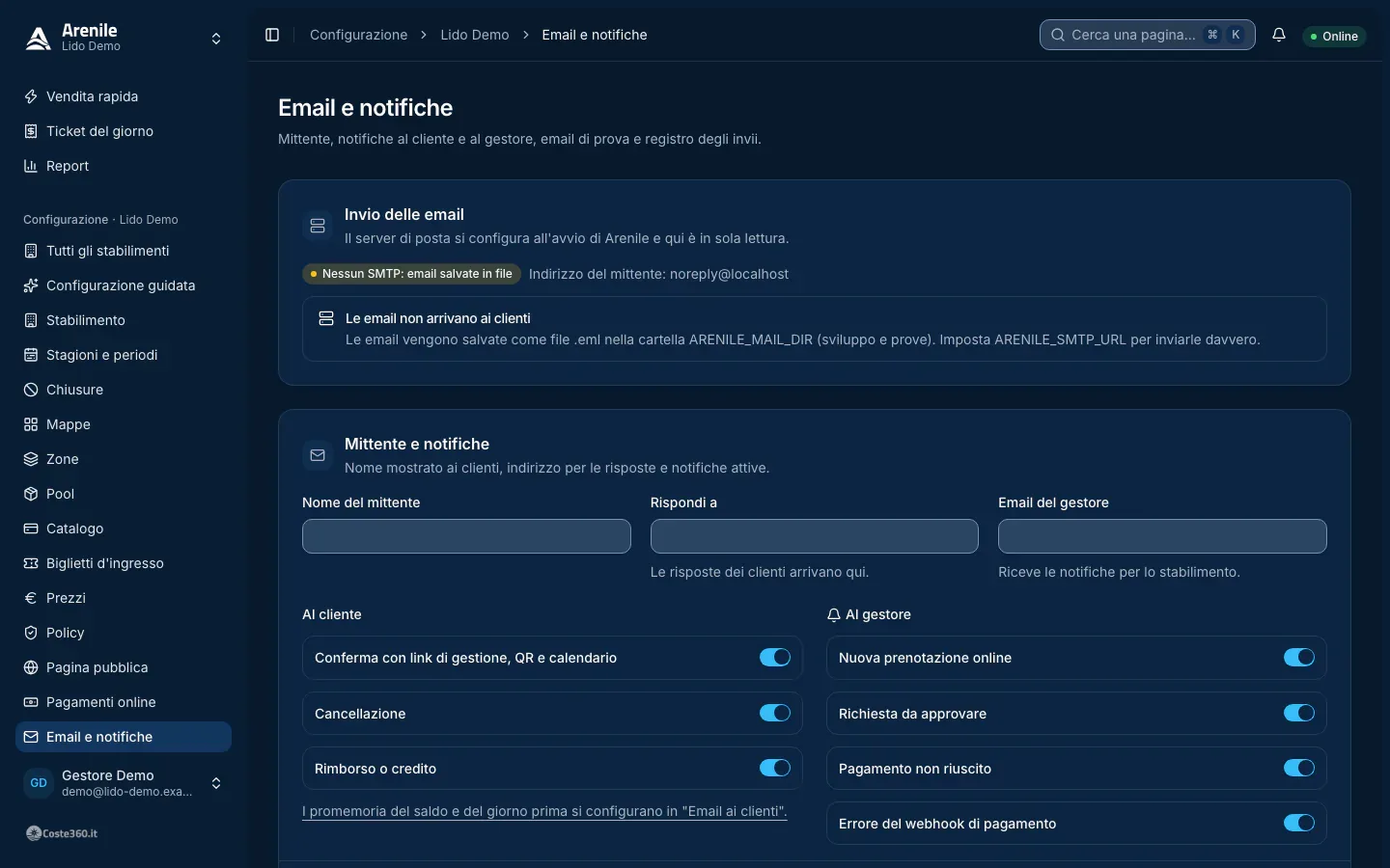 Email e notifiche: mittente, notifiche al cliente e al gestore, registro degli invii