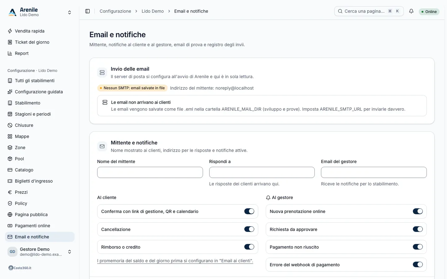 Email e notifiche: mittente, notifiche al cliente e al gestore, registro degli invii