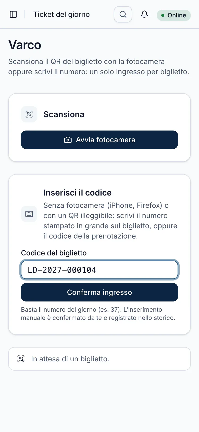 Varco sul telefono: lettura del QR o codice del biglietto scritto a mano