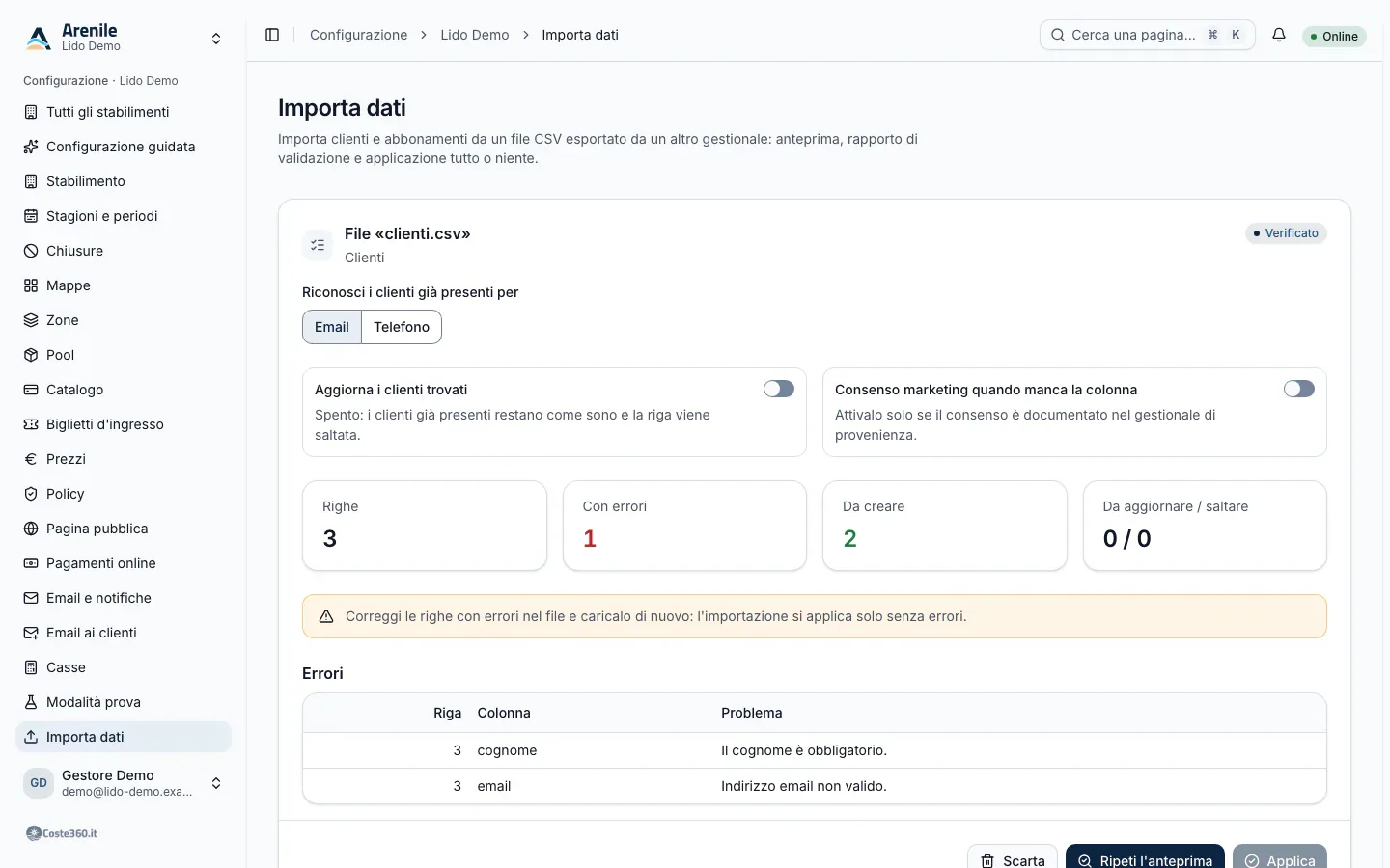 Importa dati: anteprima di un file di clienti con una riga da correggere