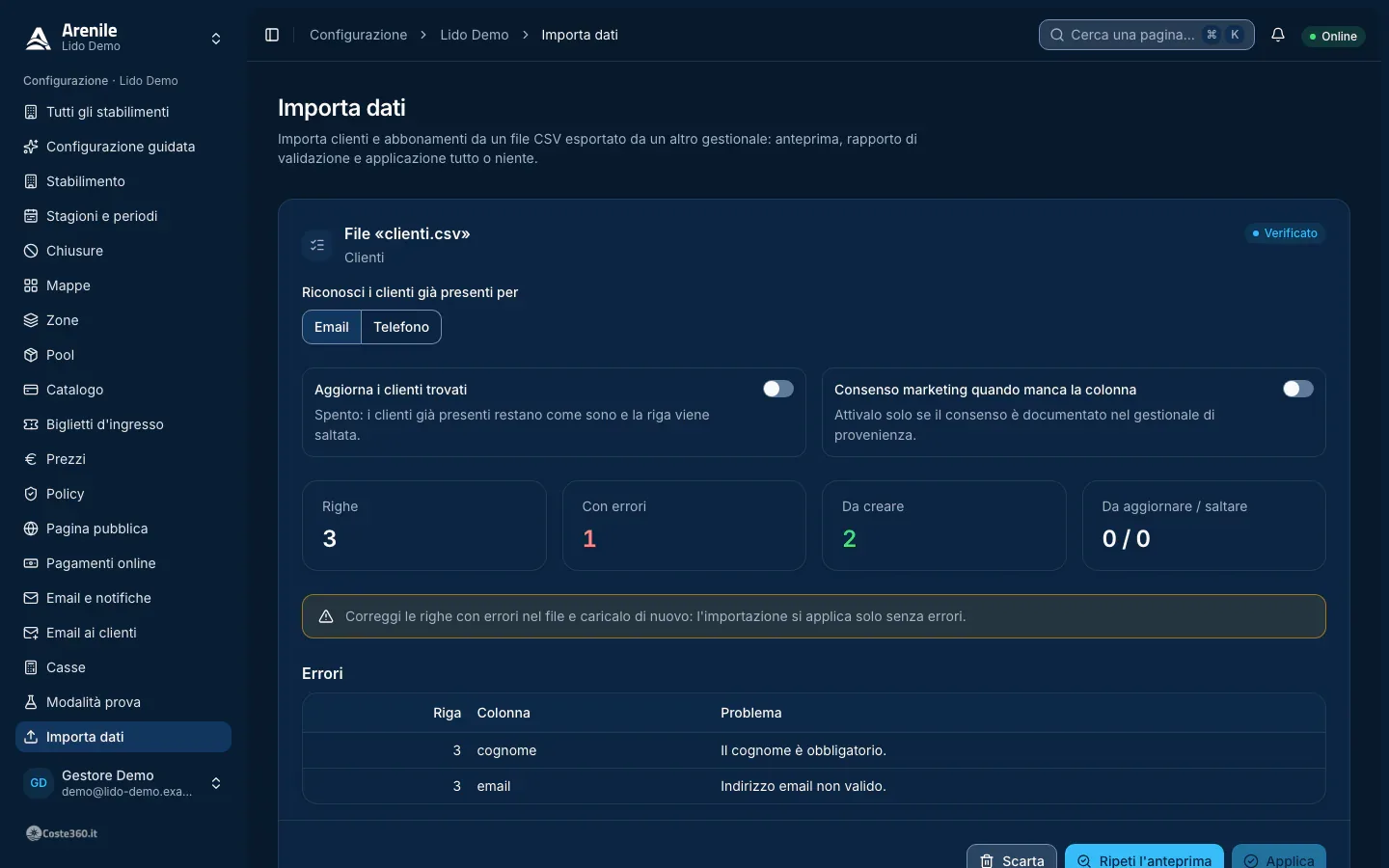 Importa dati: anteprima di un file di clienti con una riga da correggere