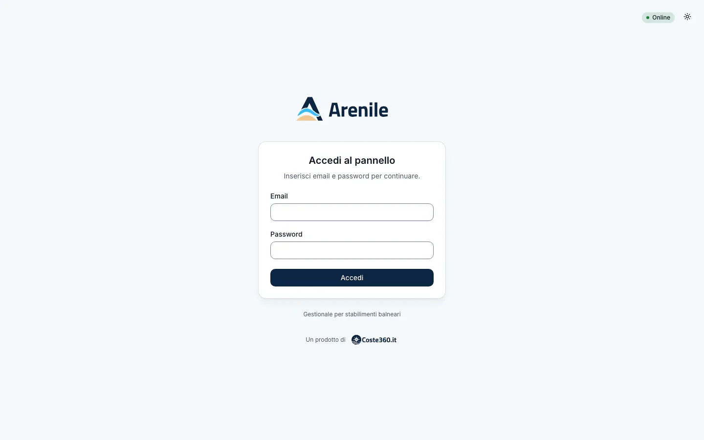 Pagina di accesso al pannello di Arenile