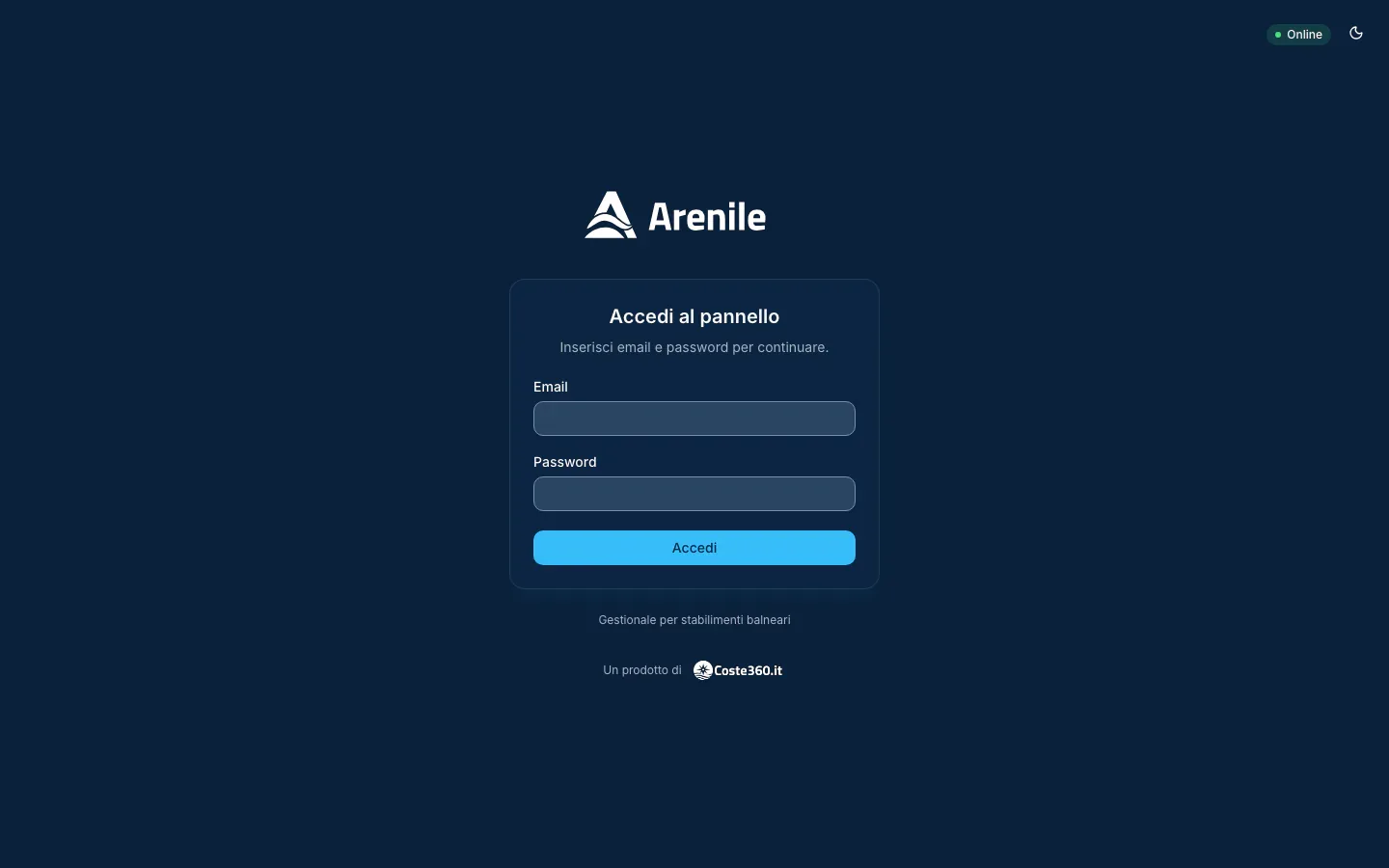Pagina di accesso al pannello di Arenile
