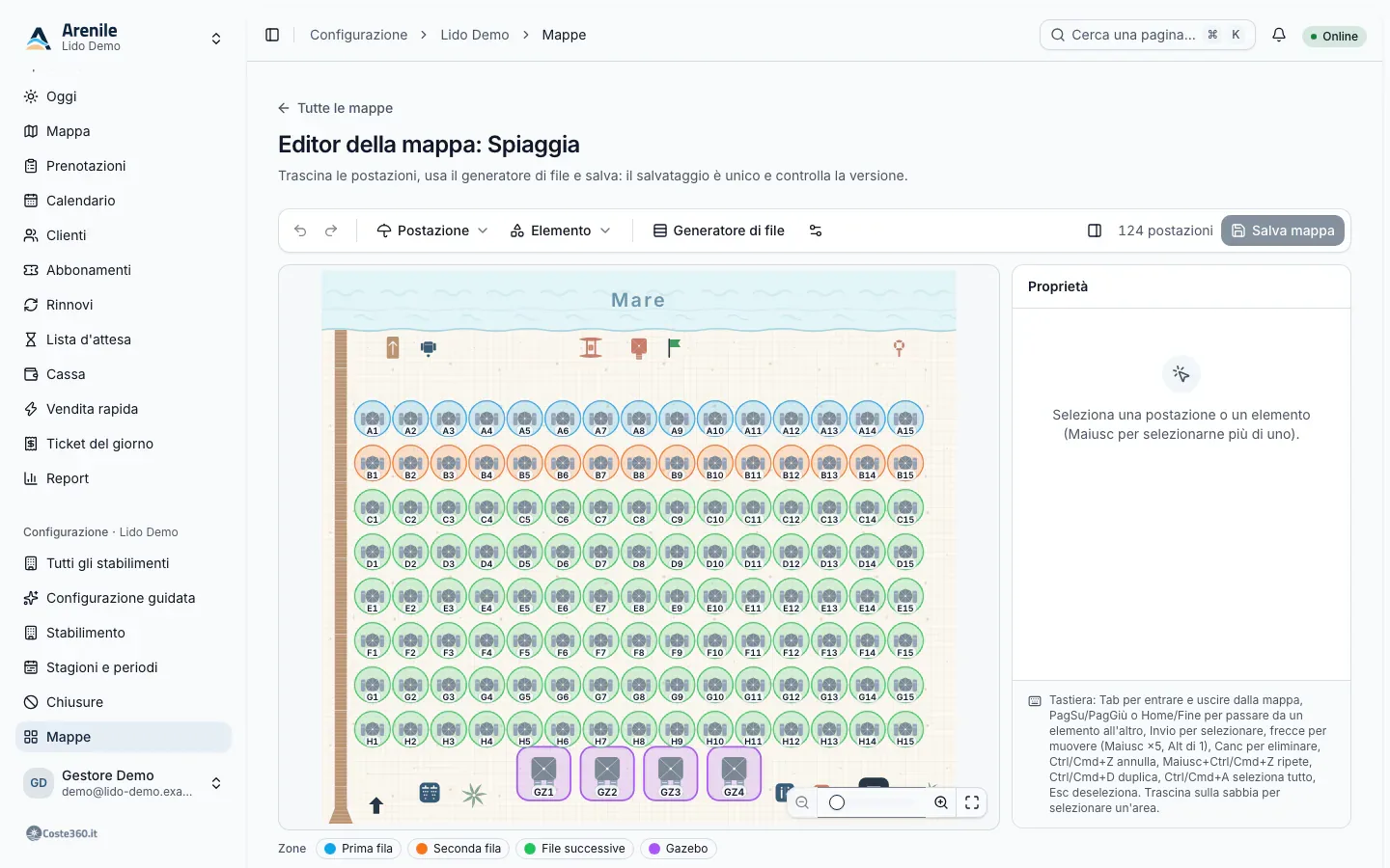 Editor della mappa con tavolozza del kit, mappa e pannello delle proprietà