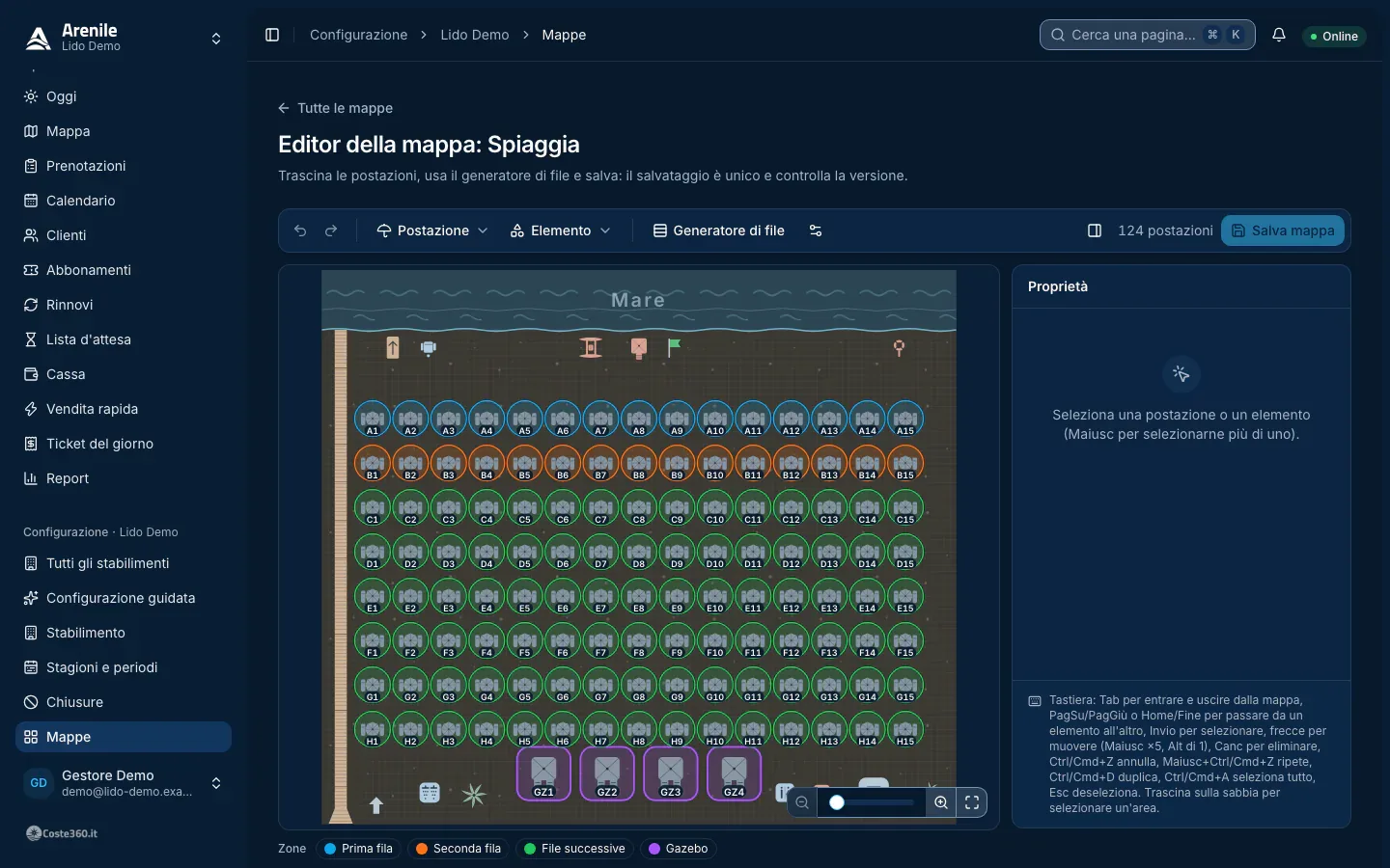 Editor della mappa con tavolozza del kit, mappa e pannello delle proprietà