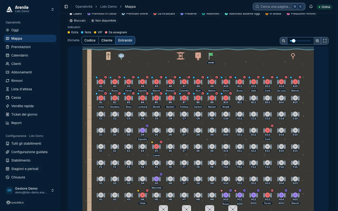 Operational map with the code of each spot and the surname of who occupies it