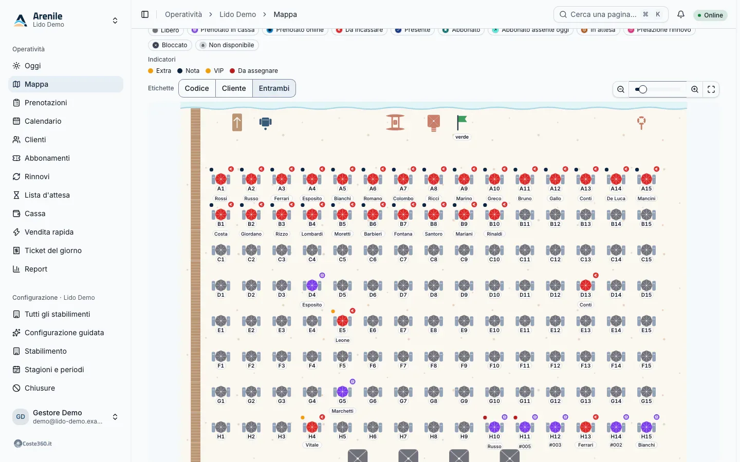 Operational map with the code of each spot and the surname of who occupies it