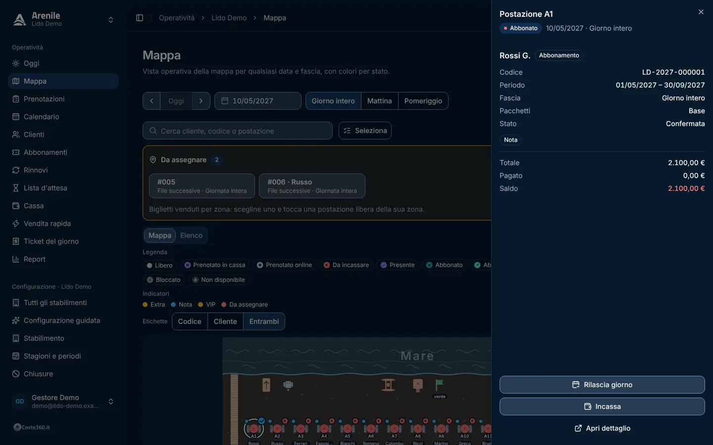 La mappa del giorno con la scheda di un ombrellone aperta: cliente, periodo, pagato e saldo