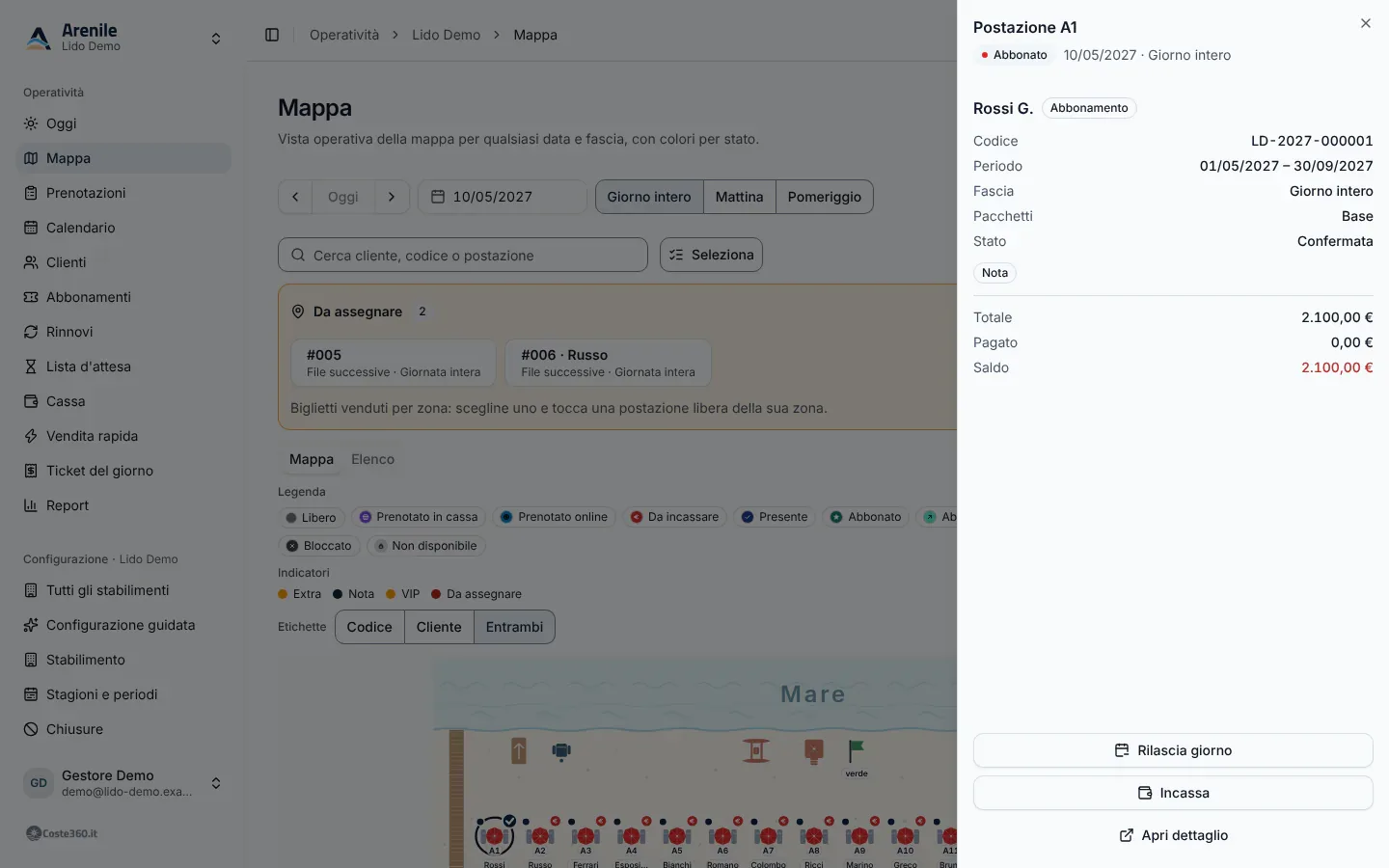 La mappa del giorno con la scheda di un ombrellone aperta: cliente, periodo, pagato e saldo