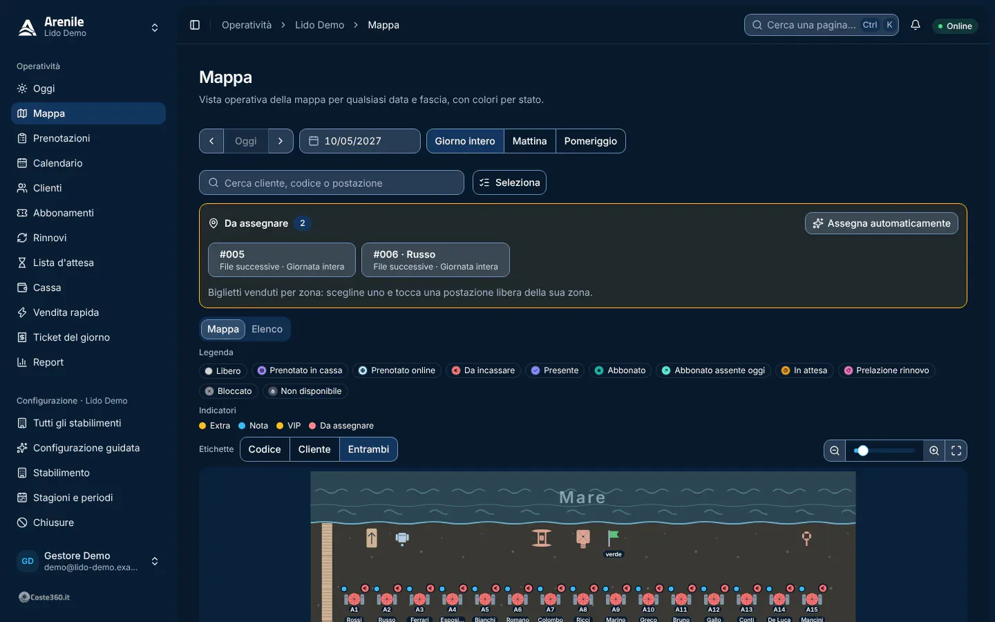 La mappa del giorno di Arenile con gli ombrelloni del Lido Demo colorati secondo lo stato