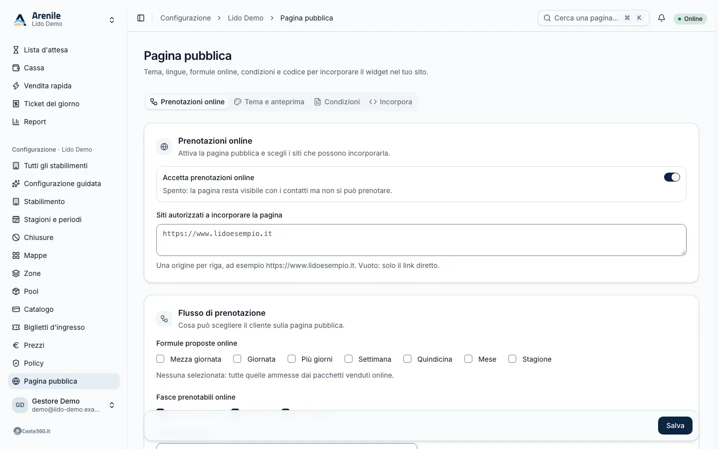 Online bookings tab of the public page settings