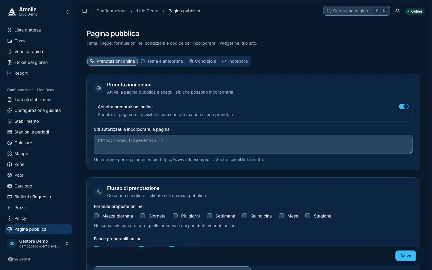 Online bookings tab of the public page settings