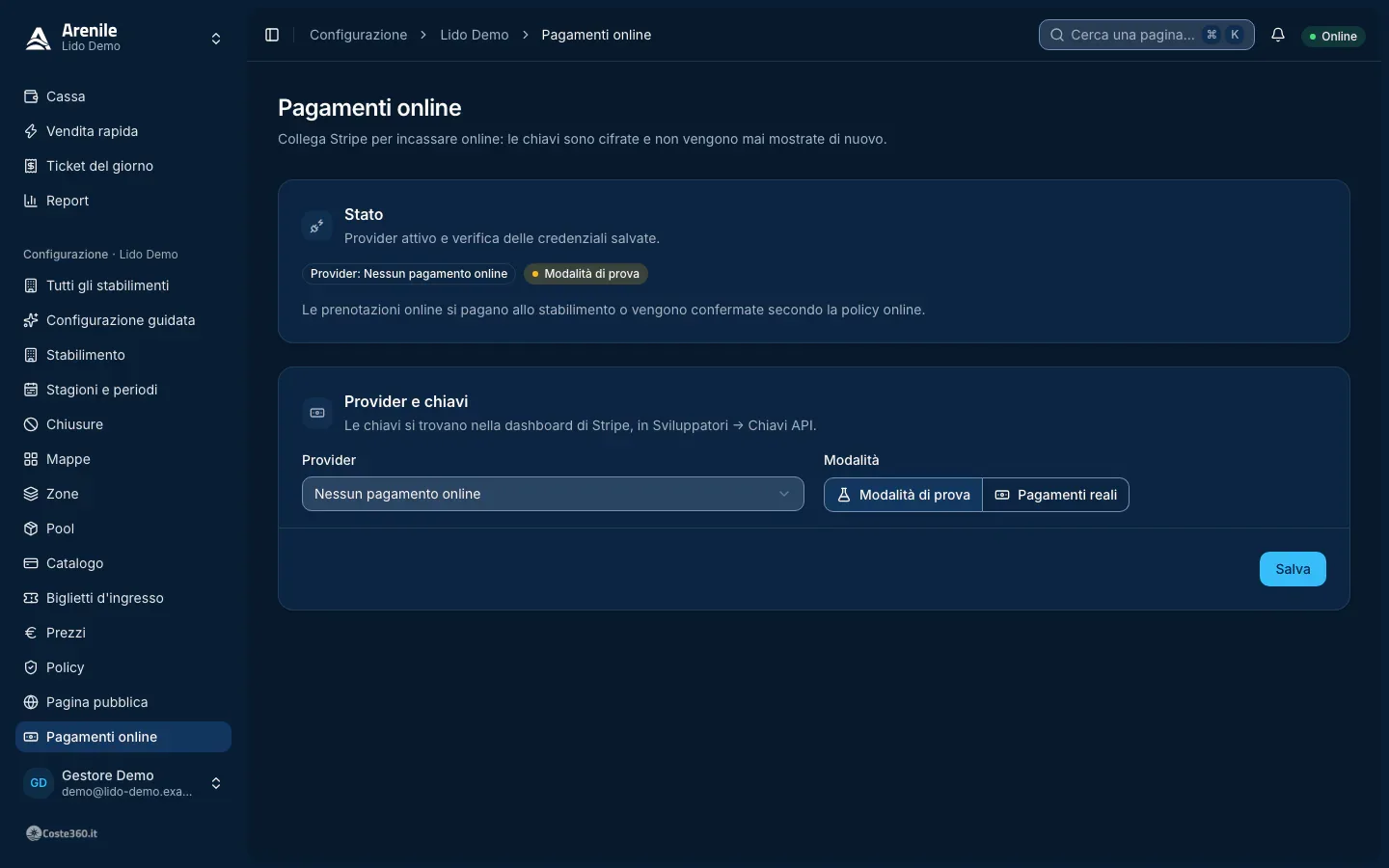 Online payments: Stripe provider, mode, keys and webhook URL