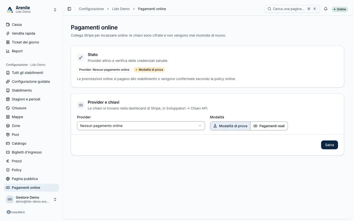 Online payments: Stripe provider, mode, keys and webhook URL