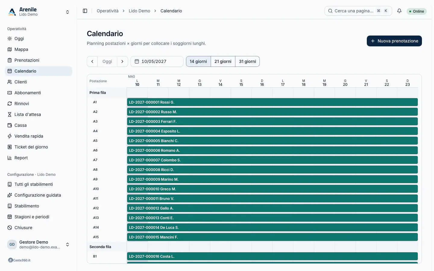 Calendario planning con postazioni in riga, giorni in colonna e prenotazioni come barre