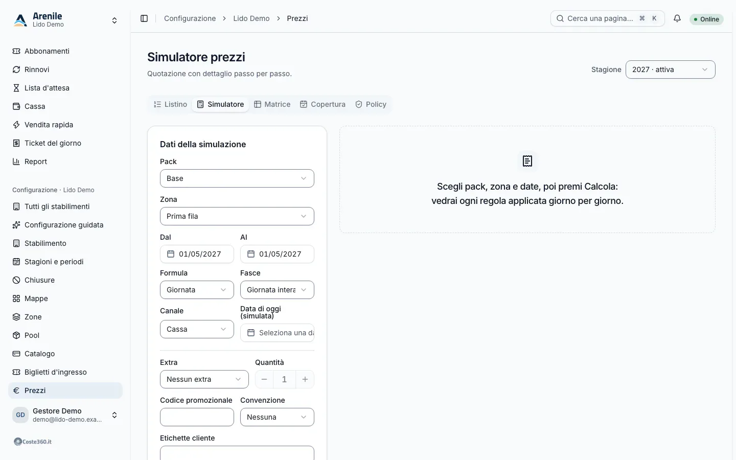 Simulatore prezzi con il dettaglio giorno per giorno delle regole applicate
