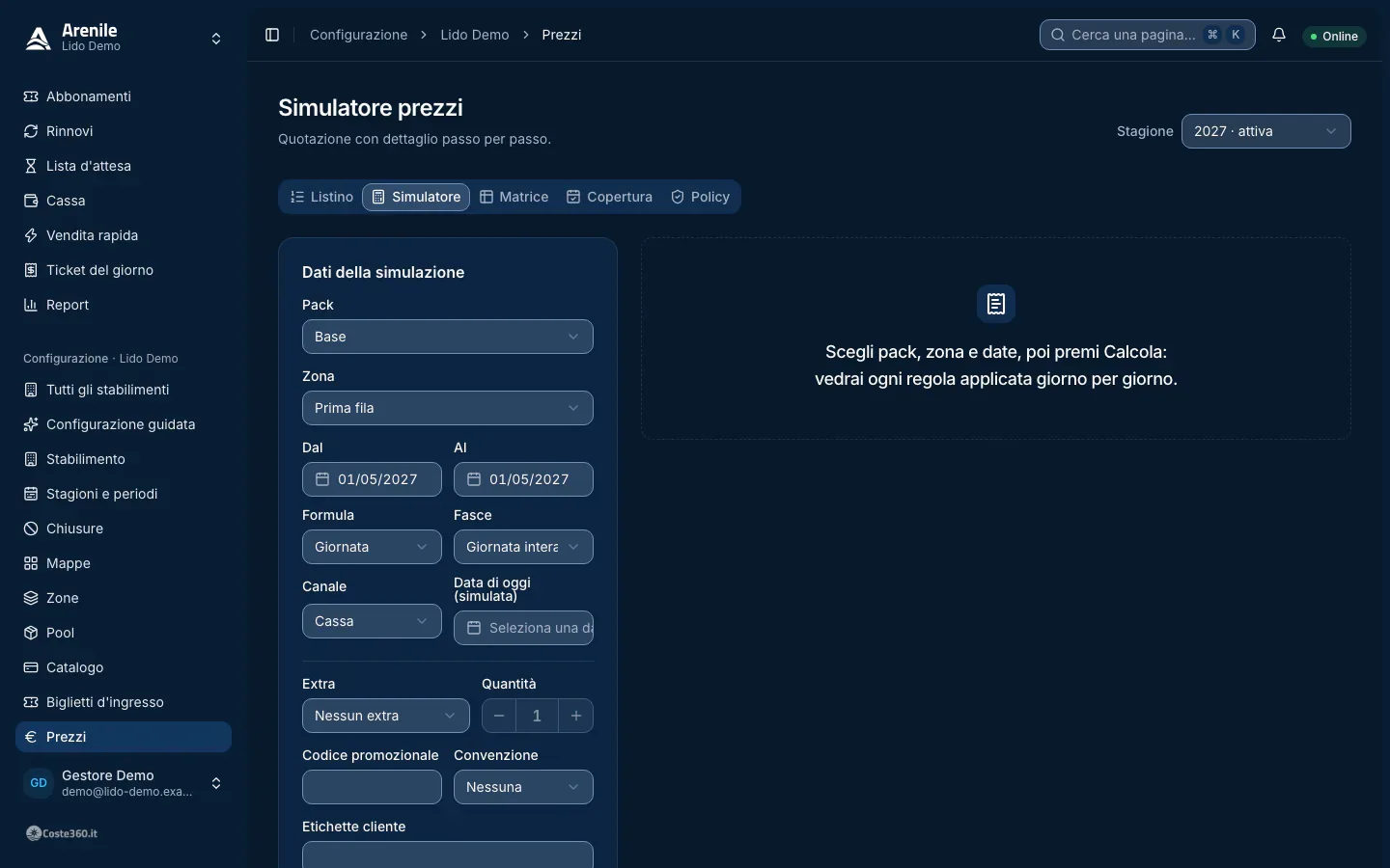 Simulatore prezzi con il dettaglio giorno per giorno delle regole applicate