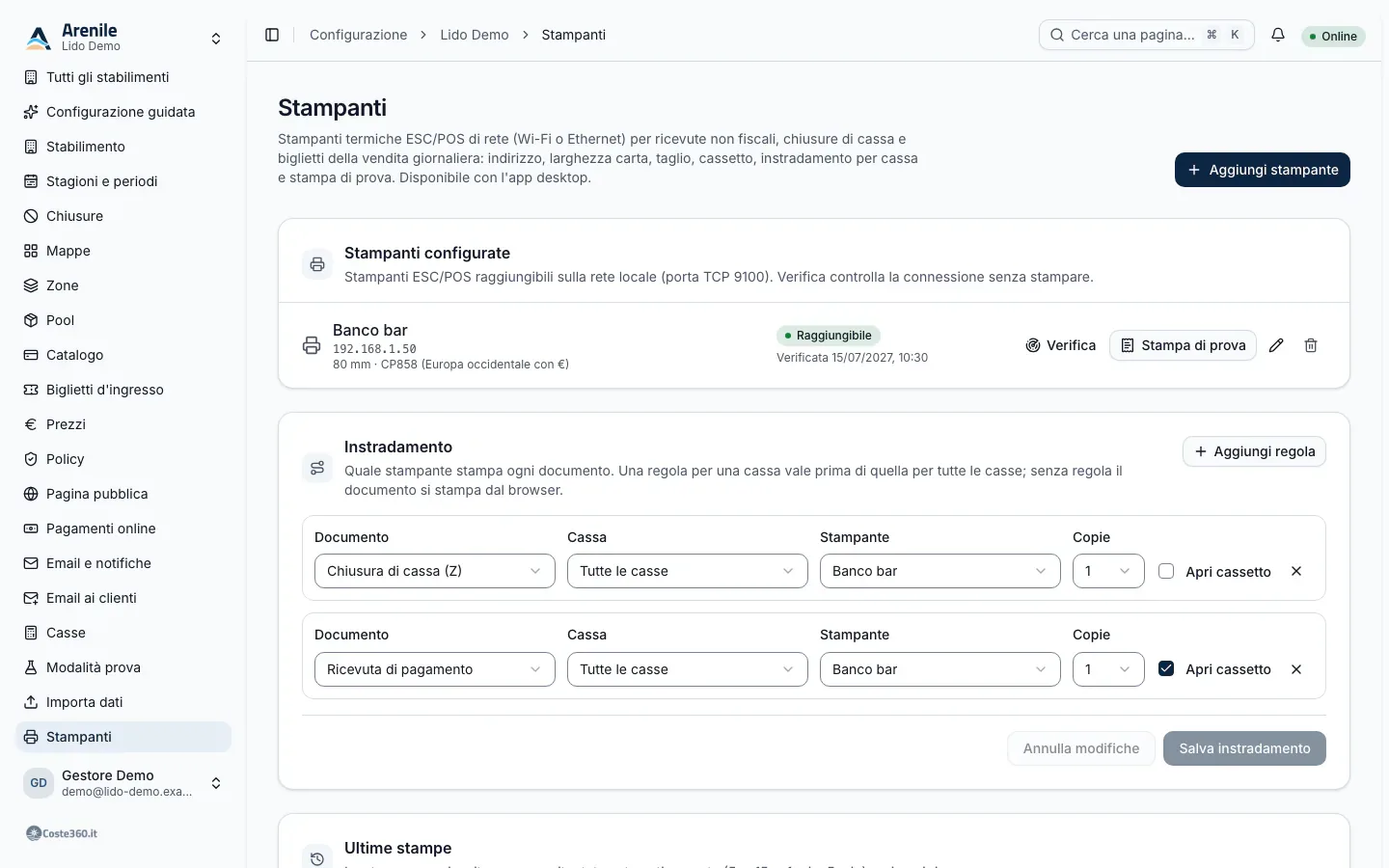 Pagina Stampanti nell'app desktop: una stampante di rete raggiungibile con Verifica e Stampa di prova, l'instradamento dei documenti e le ultime stampe