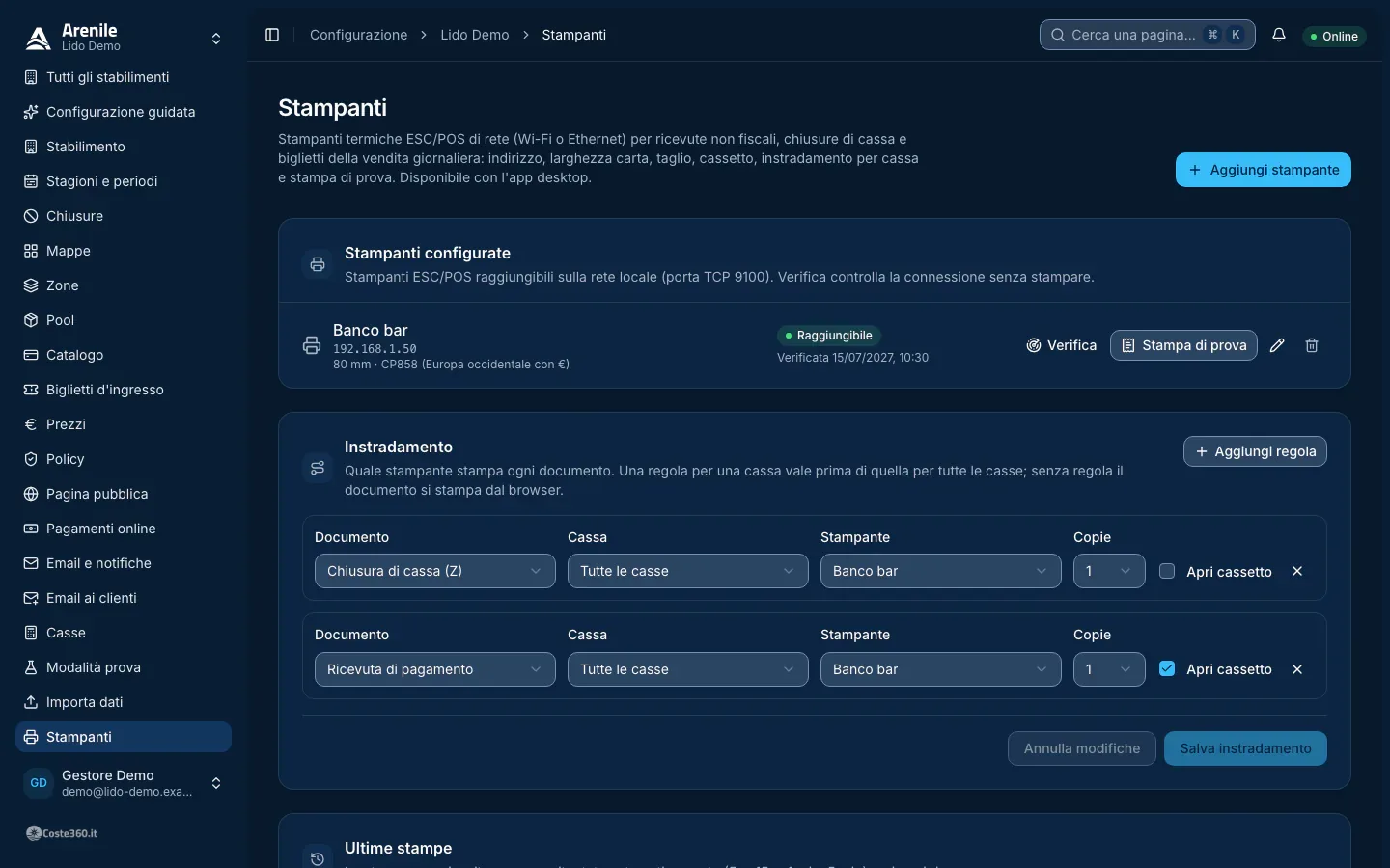 Pagina Stampanti nell'app desktop: una stampante di rete raggiungibile con Verifica e Stampa di prova, l'instradamento dei documenti e le ultime stampe