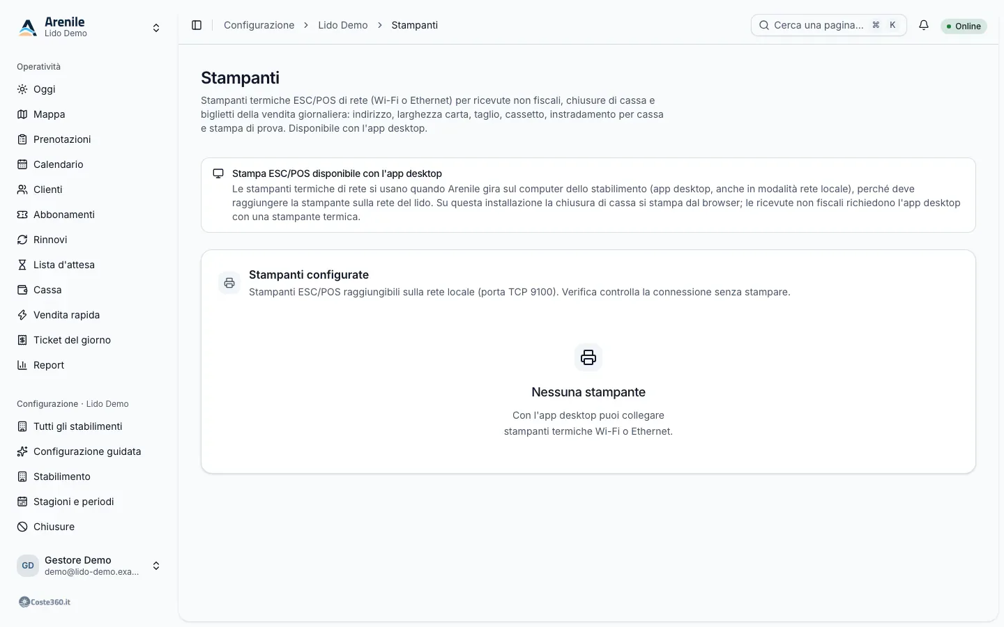 Pagina Stampanti su un'installazione server: avviso che la stampa ESC/POS è disponibile con l'app desktop