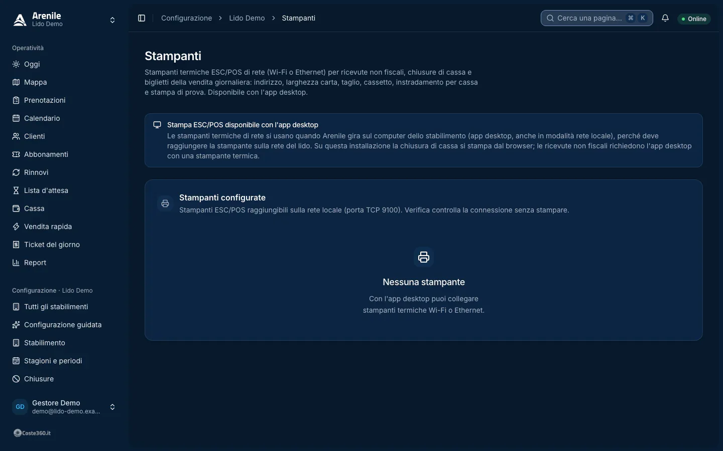 Pagina Stampanti su un'installazione server: avviso che la stampa ESC/POS è disponibile con l'app desktop