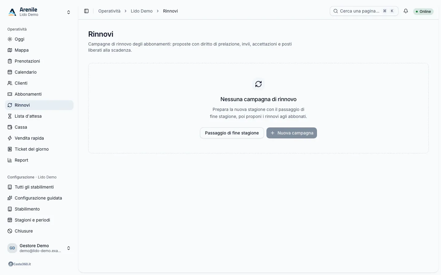 Renewals page: campaign summary with countdown and table of proposals with status and sending