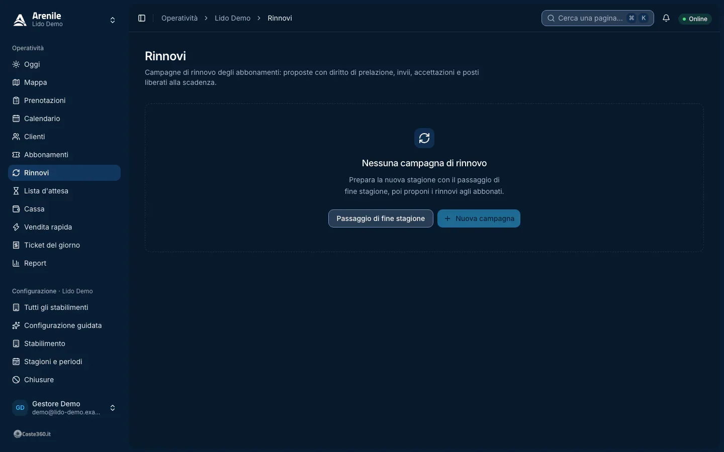 Renewals page: campaign summary with countdown and table of proposals with status and sending