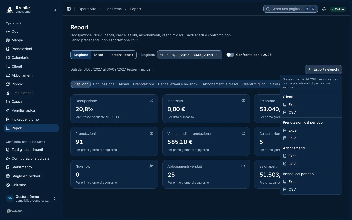 Report con il menu Esporta elenchi aperto