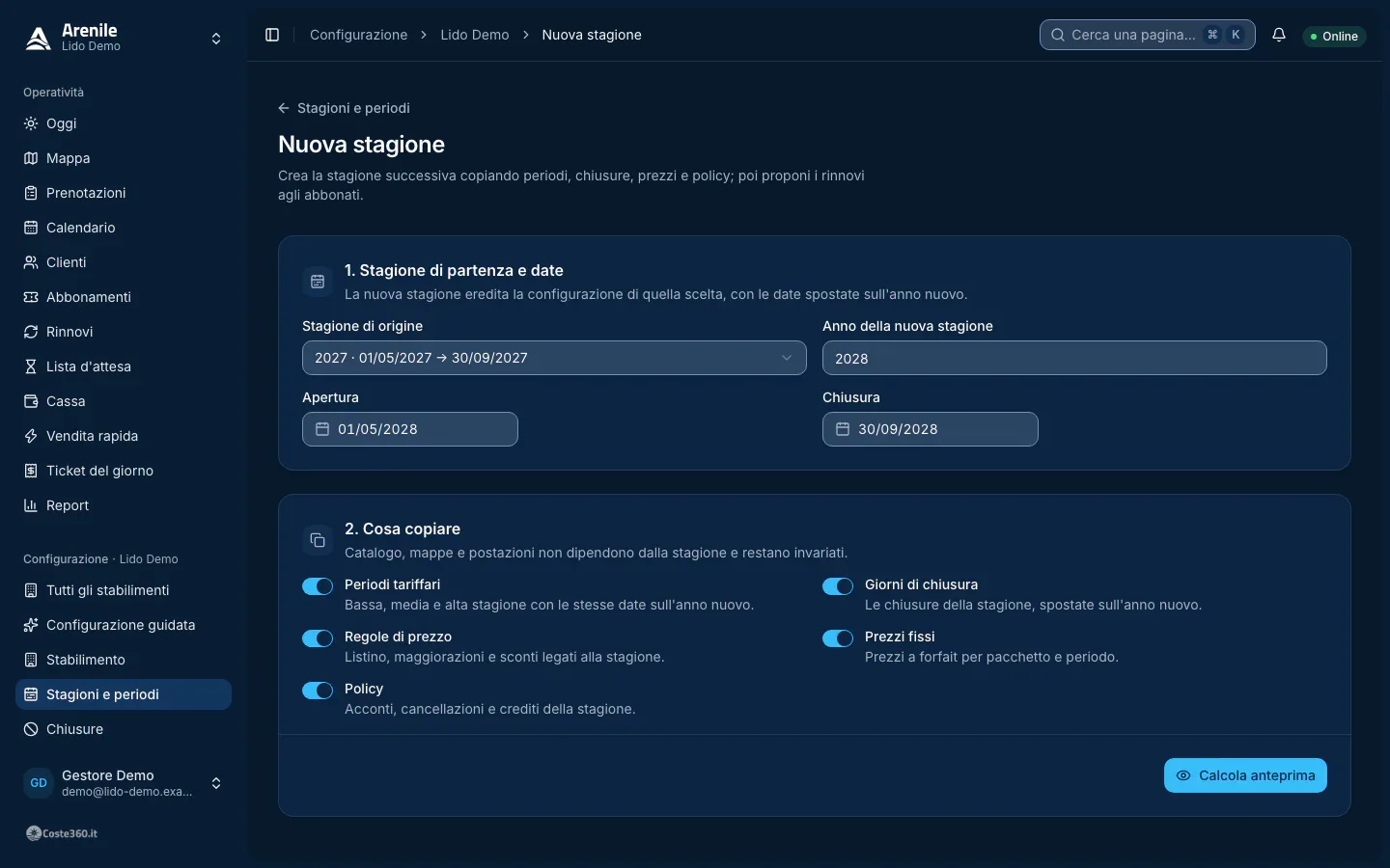 Procedura Nuova stagione: stagione di origine, cosa copiare e anteprima con i conteggi della stagione da creare