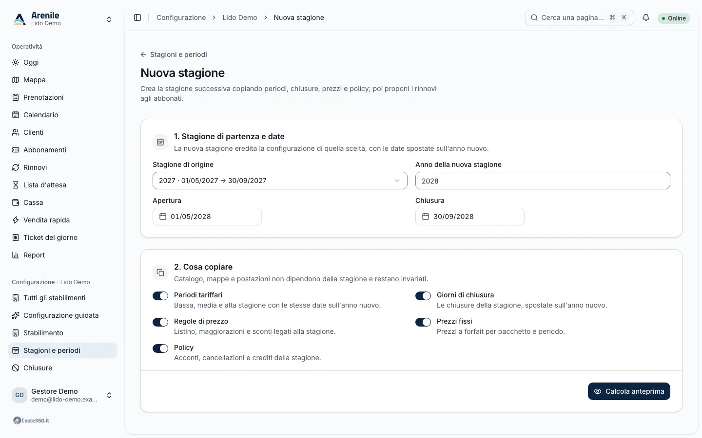 Procedura Nuova stagione: stagione di origine, cosa copiare e anteprima con i conteggi della stagione da creare