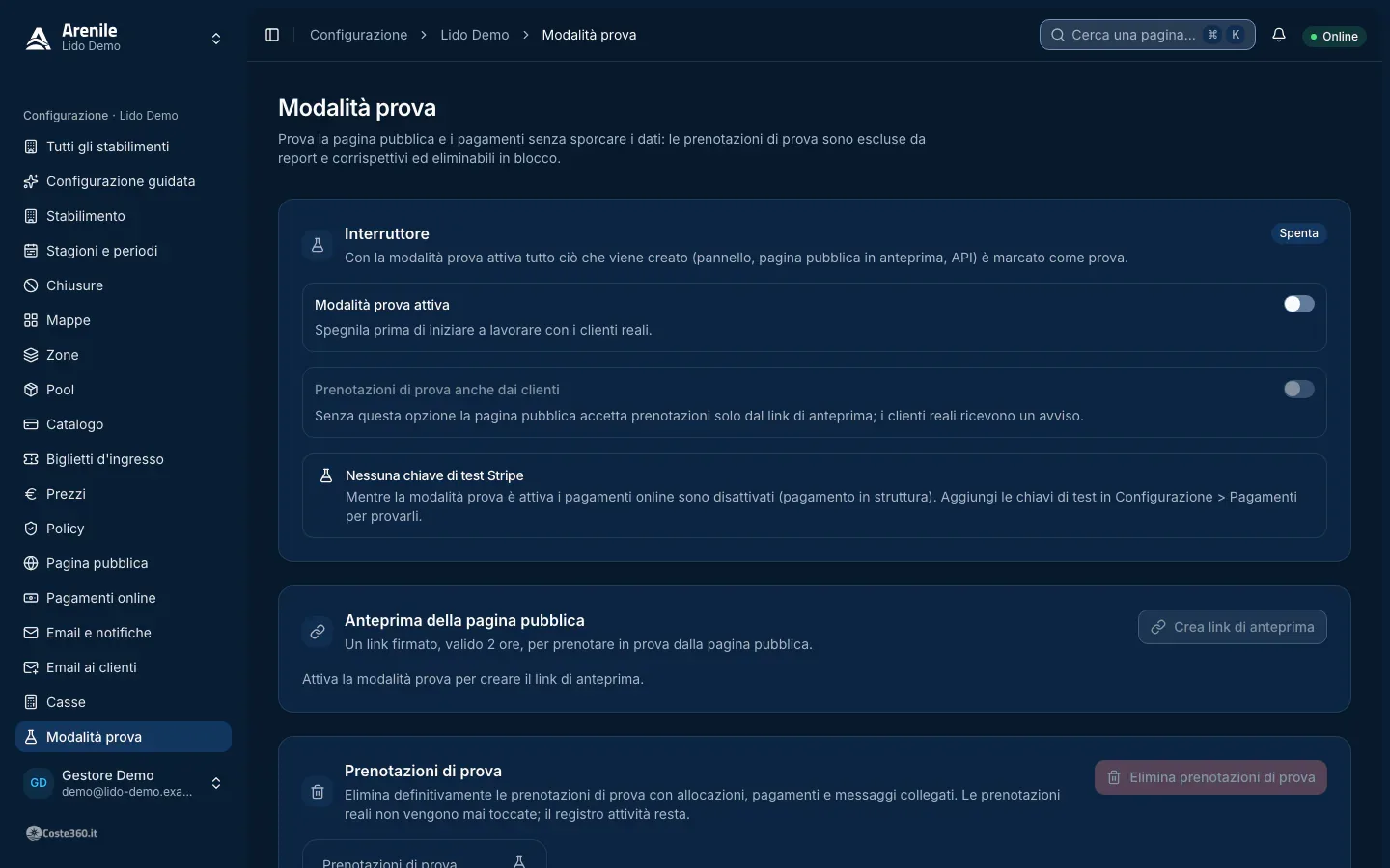 Pagina Modalità prova con interruttore, link di anteprima e prenotazioni di prova