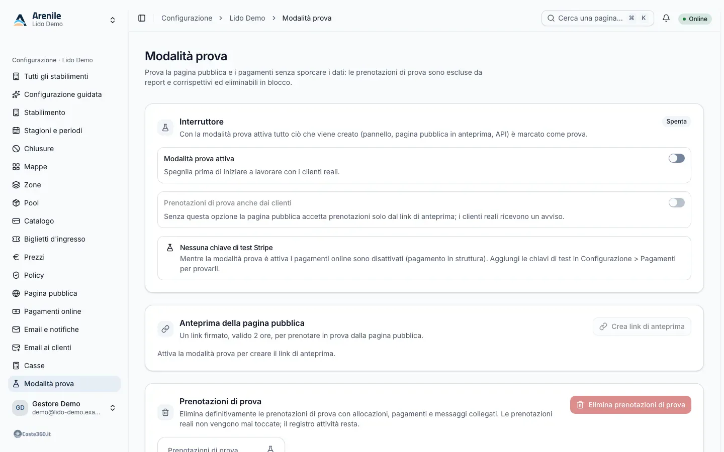 Pagina Modalità prova con interruttore, link di anteprima e prenotazioni di prova