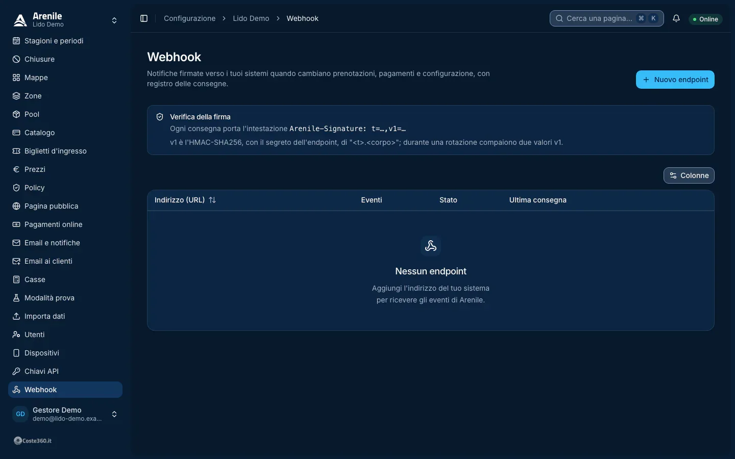 Pagina Webhook con gli endpoint, gli eventi scelti, lo stato e l'ultima consegna