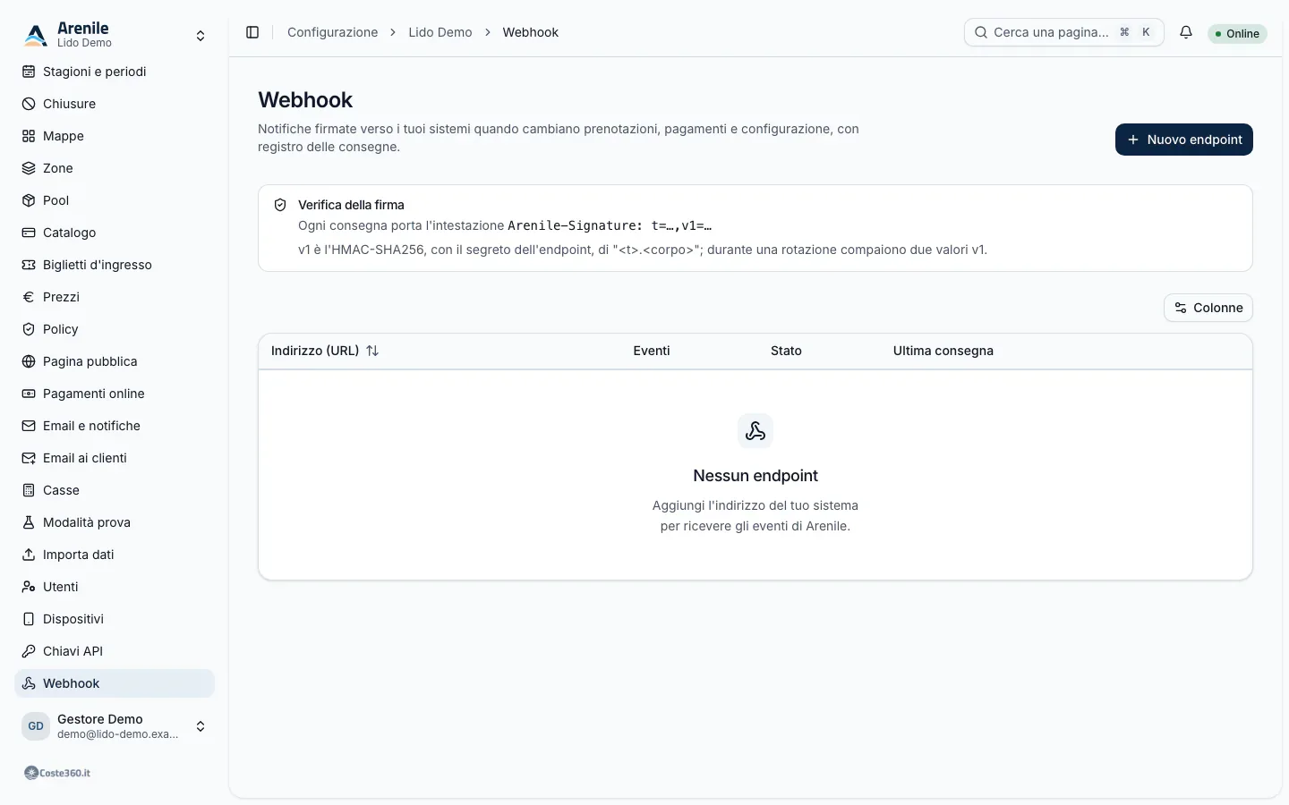 Pagina Webhook con gli endpoint, gli eventi scelti, lo stato e l'ultima consegna