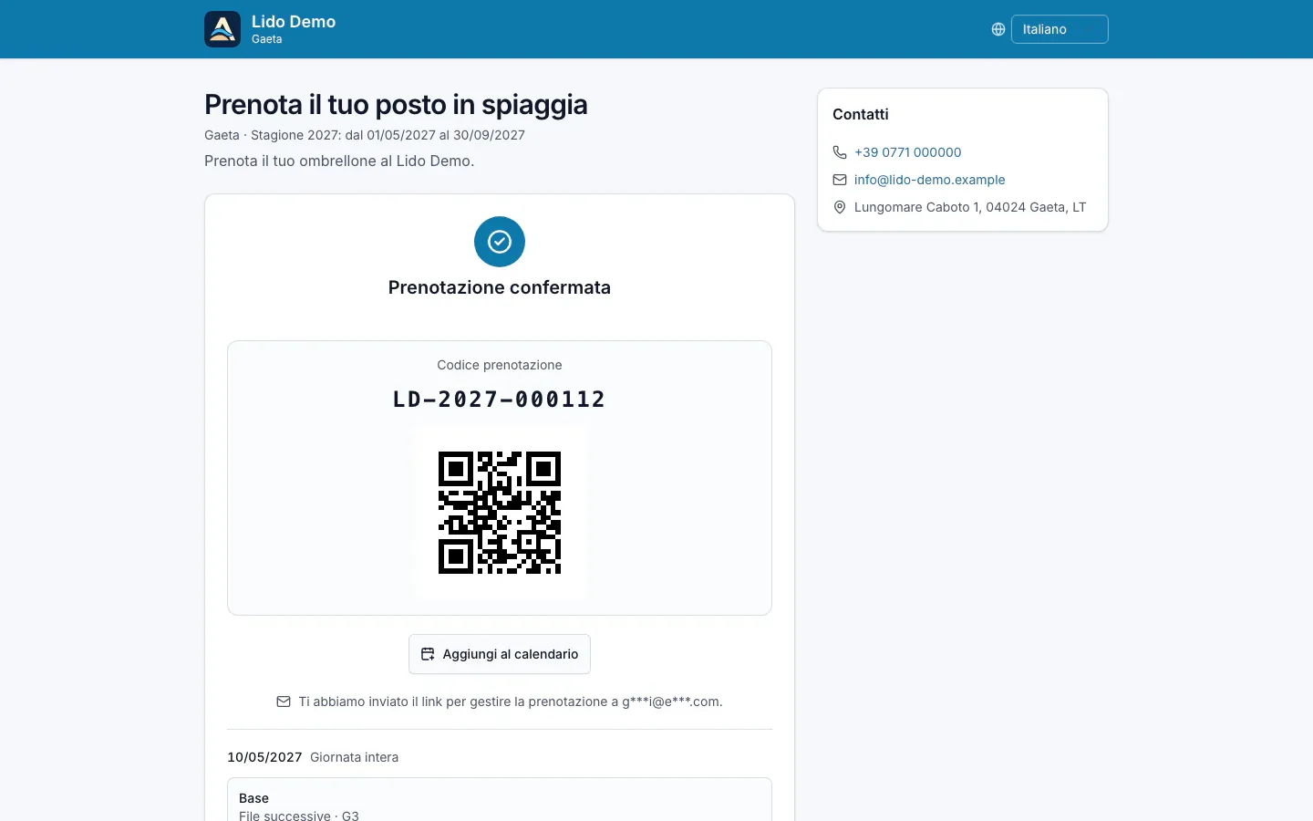 Conferma della prenotazione su computer con codice, QR e pulsante per aggiungere al calendario