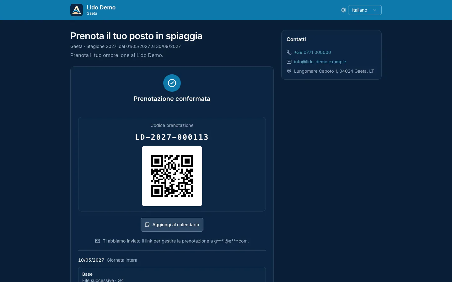 Conferma della prenotazione su computer con codice, QR e pulsante per aggiungere al calendario