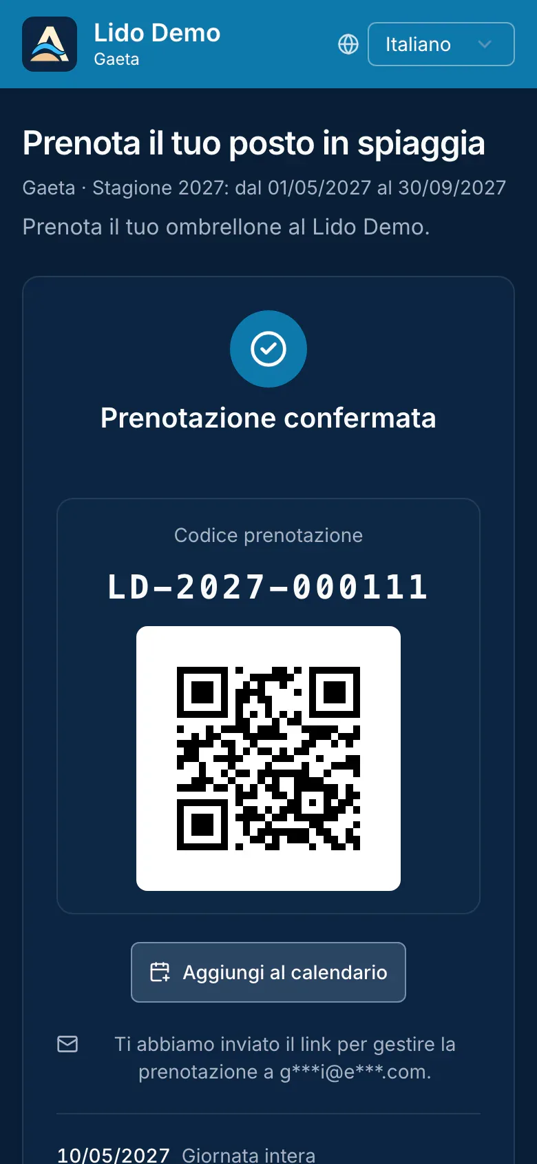Conferma della prenotazione su smartphone con codice, QR e pulsante per aggiungere al calendario