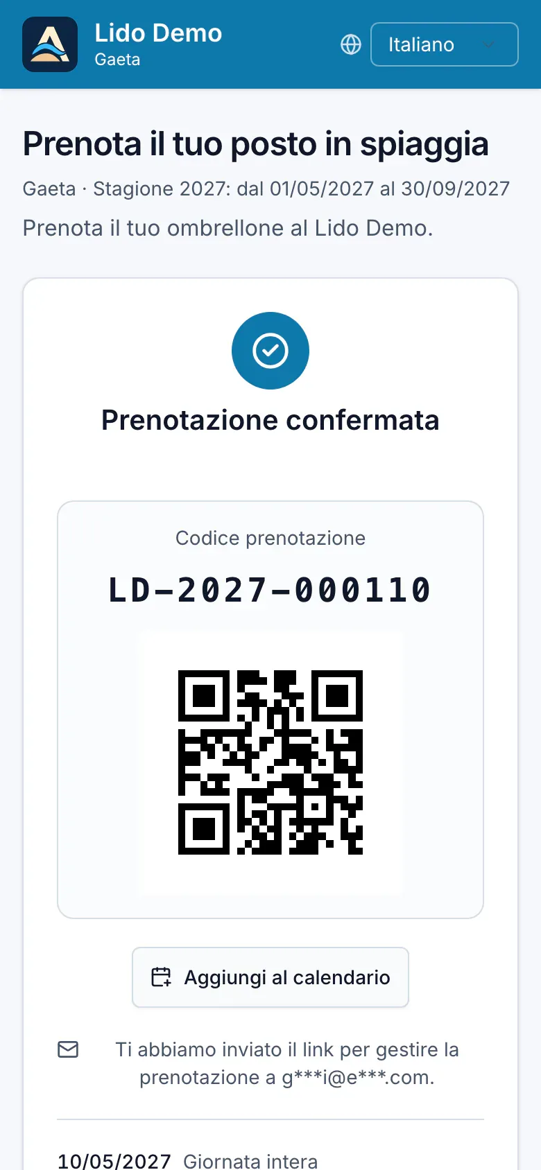 Conferma della prenotazione su smartphone con codice, QR e pulsante per aggiungere al calendario