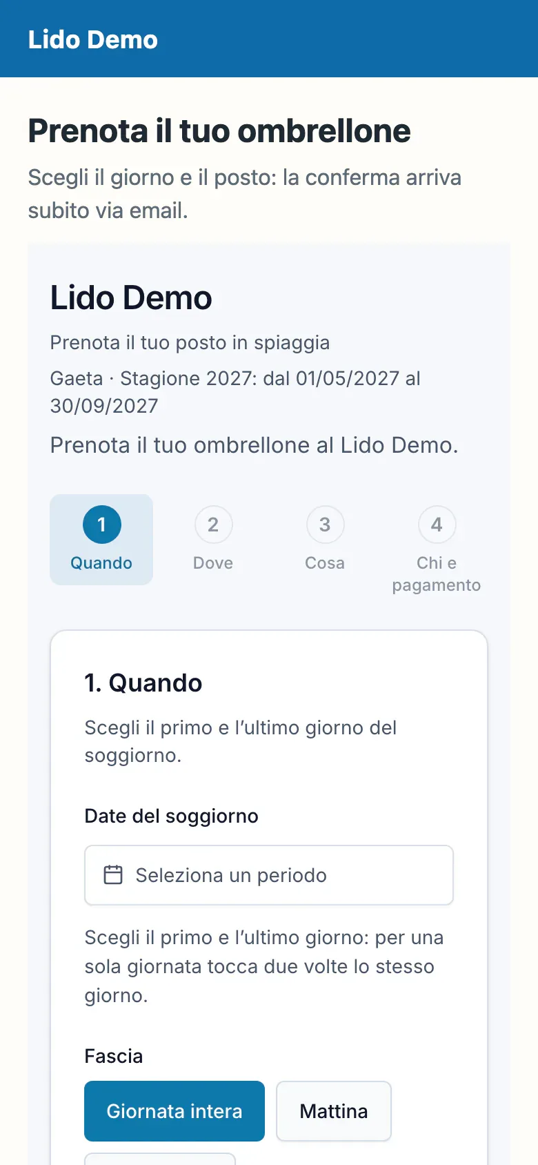 The booking widget inside the beach's website, on a smartphone