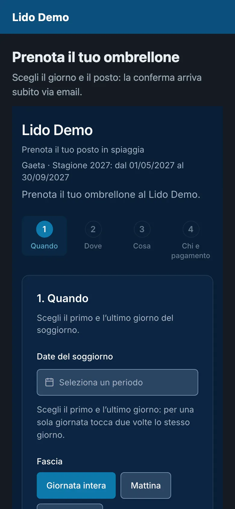 The booking widget inside the beach's website, on a smartphone